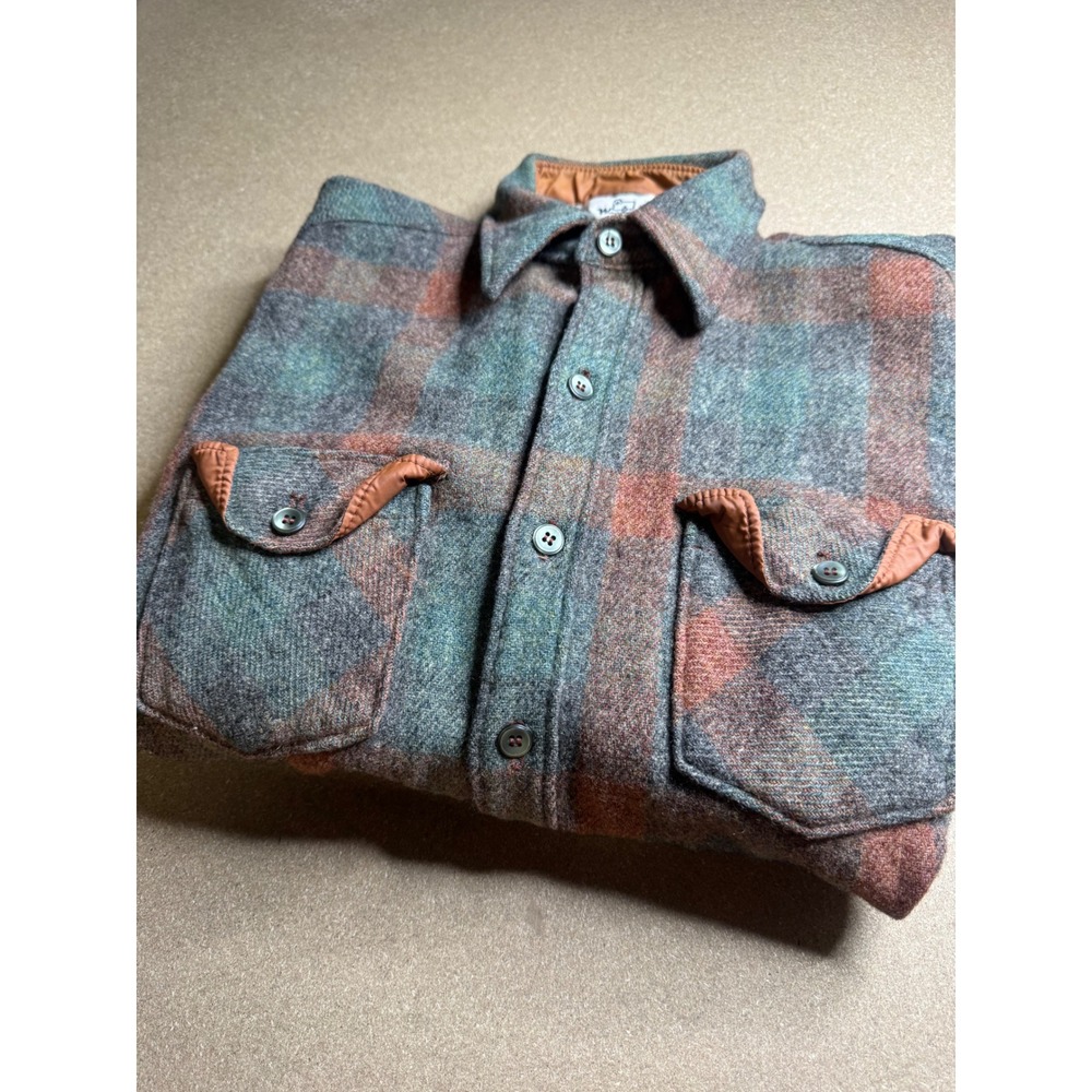 Vintage Woolrich Men Large Wool Blend Plaid Flannel Shirt Green Rust Made in USA